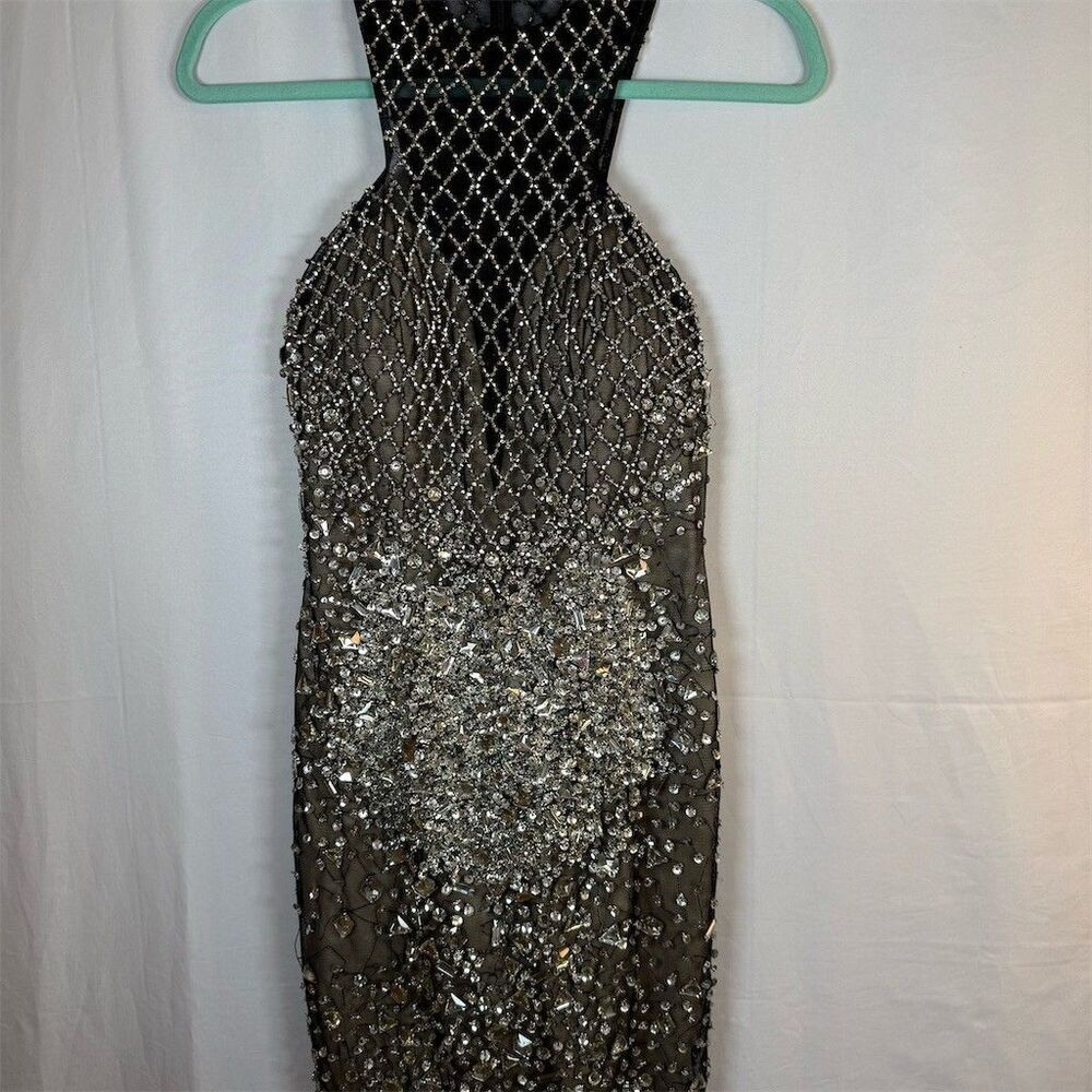 Colors Dress Womens Size S Black Sheer Mesh Rhinestone Bodycon Knee Length